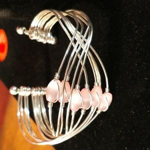 Sterling Silver 925 Pink Cats Eye Wire Cuff Bracelet 7-inches